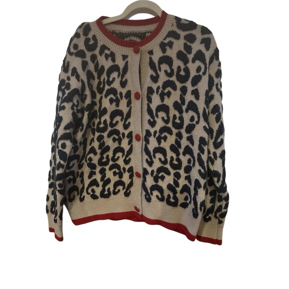The Unbranded Brand Sweaters - Leopard Print Taupe Navy Blue Cardigan Red Buttons *No Size Tag See Measurements